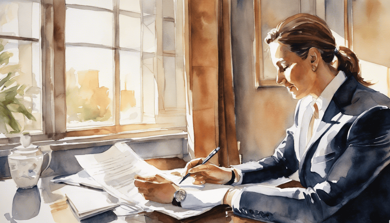 Watercolor illustration of a candidate's Marriott interview preparation in a hotel suite