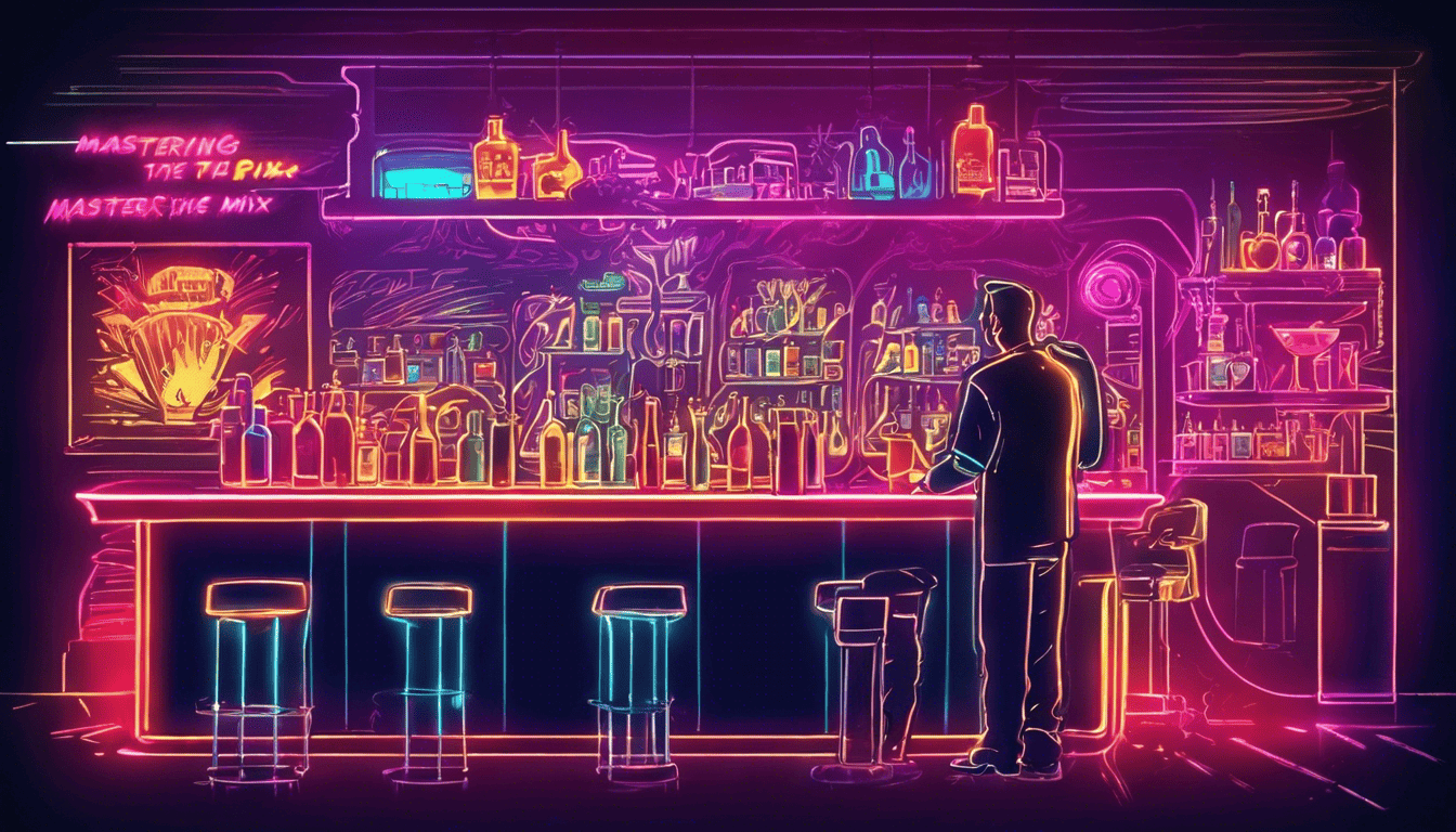 Comic book illustration of bartender mixing drinks in a neon-lit bar