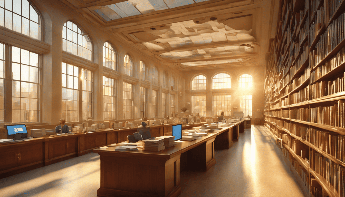 3D model of candidate evaluation in a library with golden-hour light
