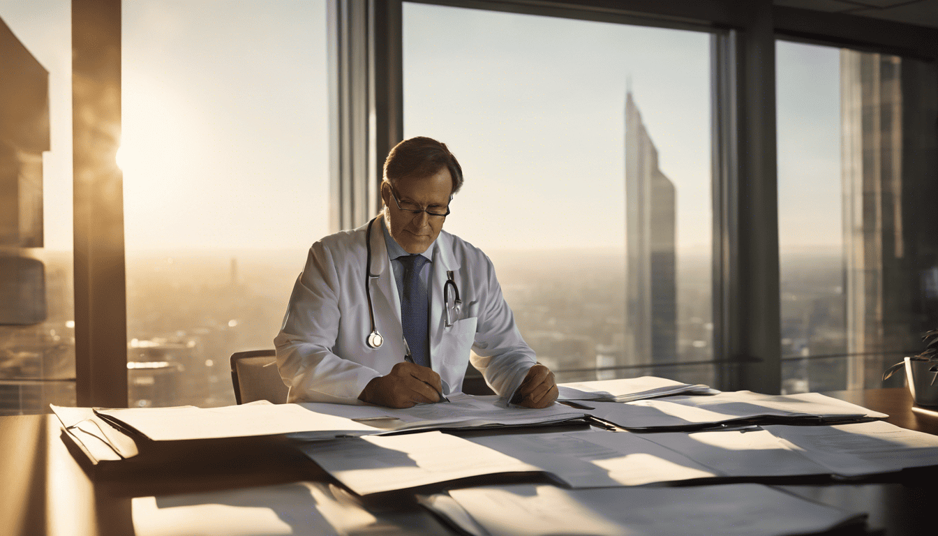 Medical director in a sunlit office with cityscape and diplomas.