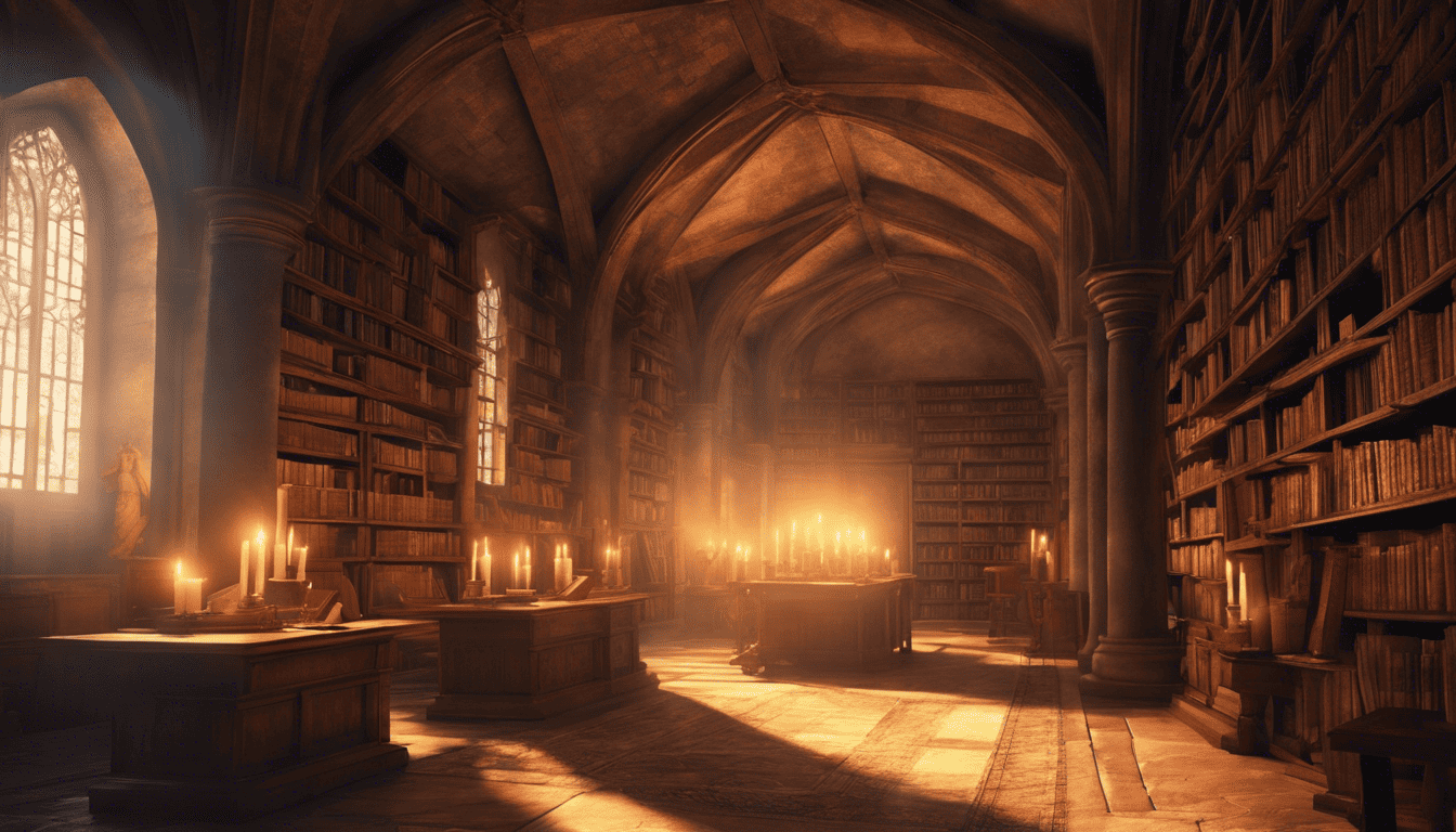 Renaissance-style painting of a medieval library with ancient books and golden sunlight