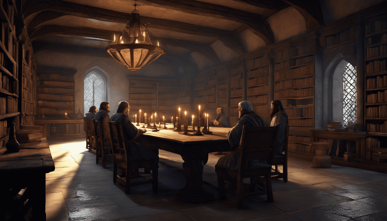 Medieval scholars in an ancient library with warm ambient lighting and deep shadows