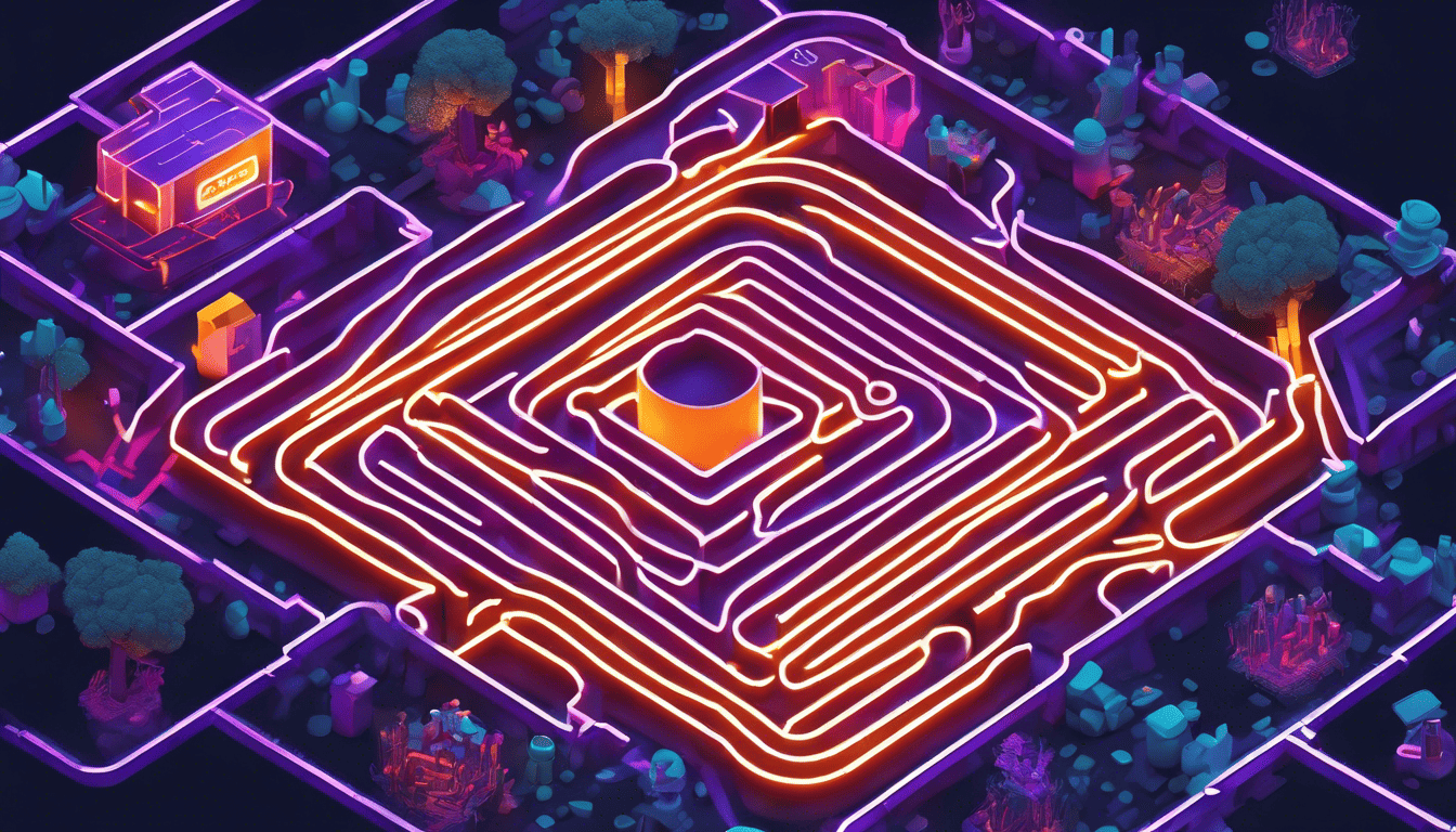 Complex C# memory management visualized as a neon-lit isometric maze.
