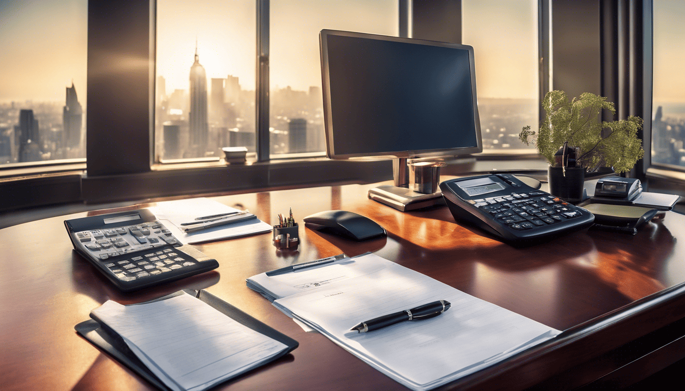 An auditor's workspace with precise organization and a backdrop of morning city light