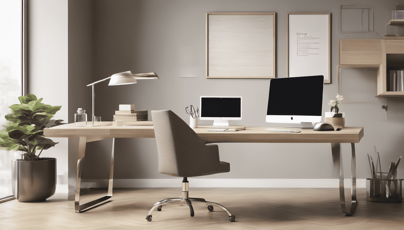 Meticulous office desk with organized accessories and a visible schedule in a bright office