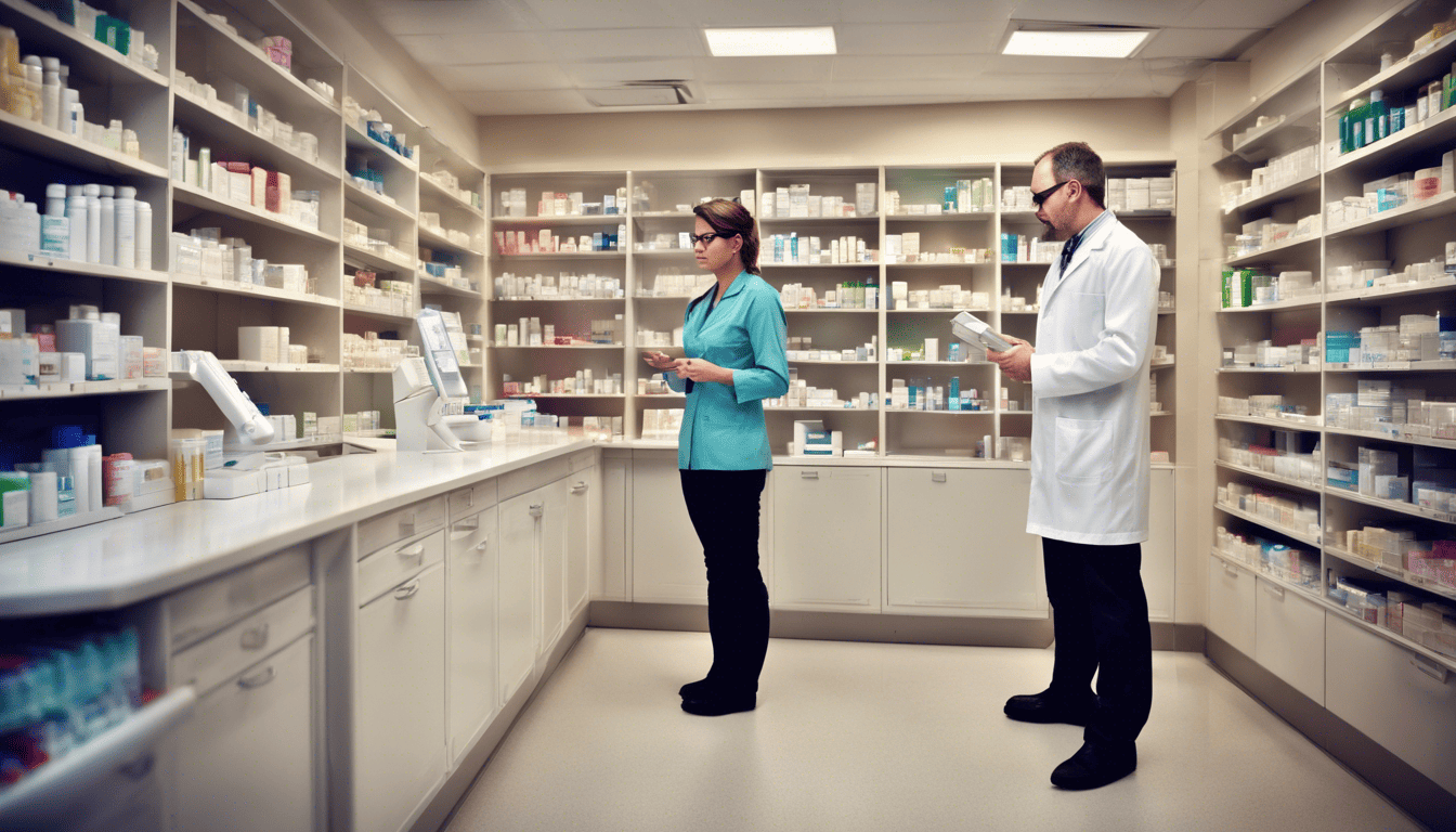 Pharmacist in a modern pharmacy compounding medication with a patient, under soft studio lighting.