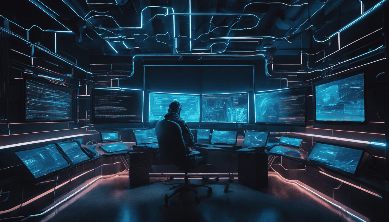 Cinematic coding environment with neon blue lighting highlighting MuleSoft's Anypoint Platform
