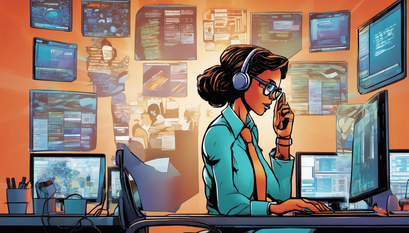 Helpdesk professional in a comic book style tech support office