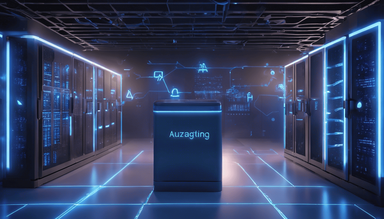 Holographic interface showing 'Navigating Azure Data Factory Roles' text in a server room.