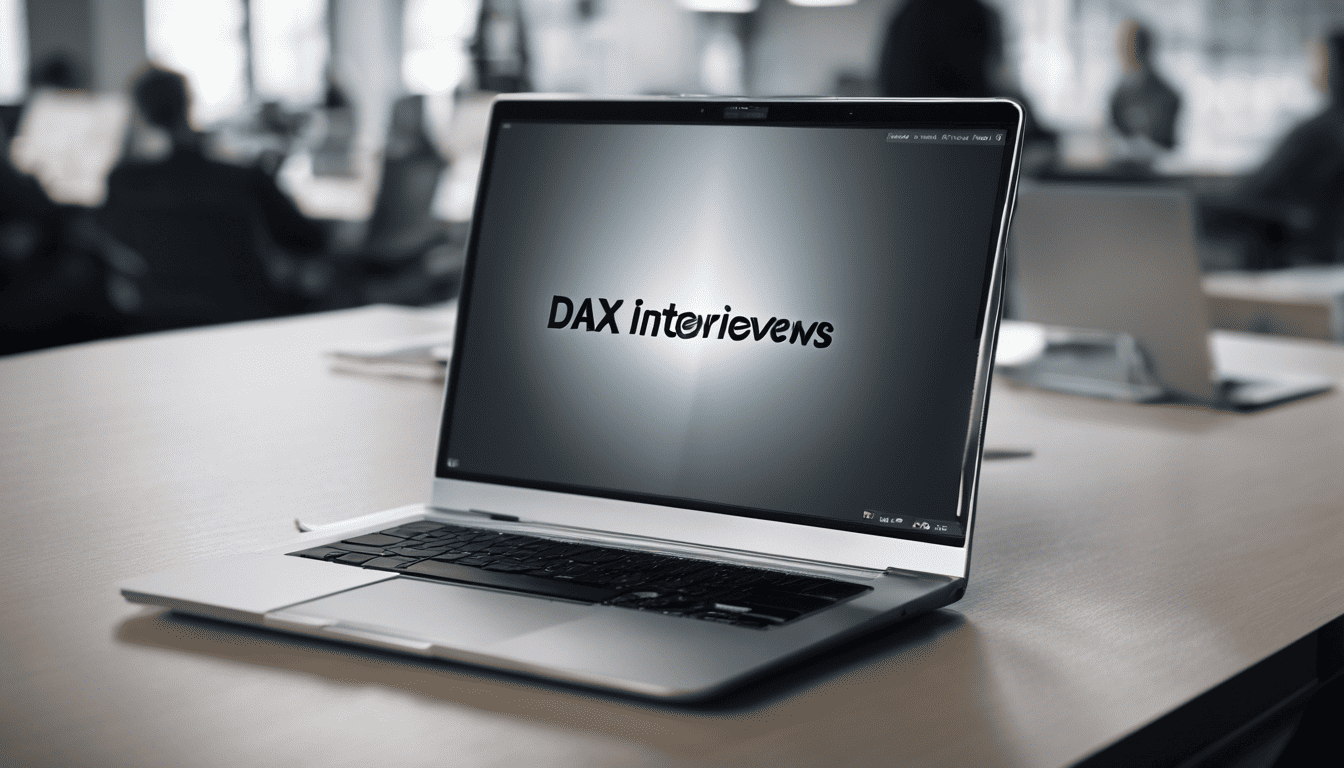 Text 'Navigating DAX Interviews' on silver laptop screen with soft office lighting