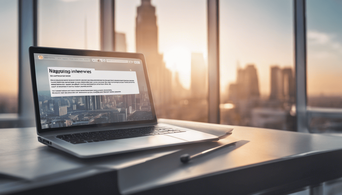 Laptop with '.NET Interviews' text, modern office, cityscape, sunrise
