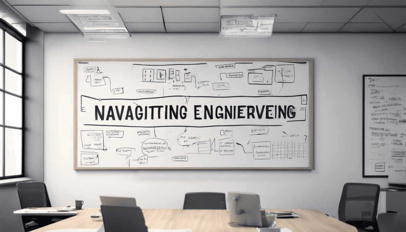 Illustration of 'Navigating Engineering Interviews' on an office whiteboard