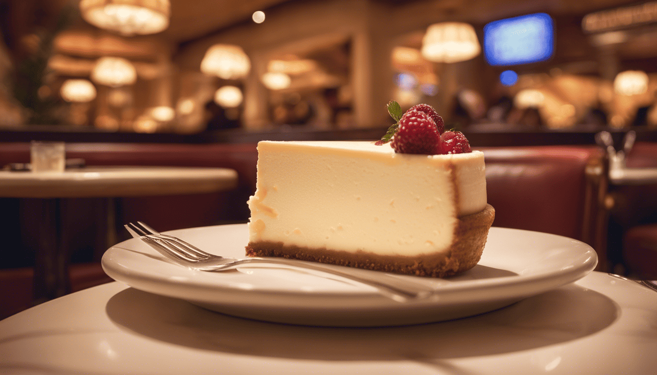 Text 'Navigating The Cheesecake Factory Interview Process' on a restaurant scene with warm ambient light and a cheesecake.