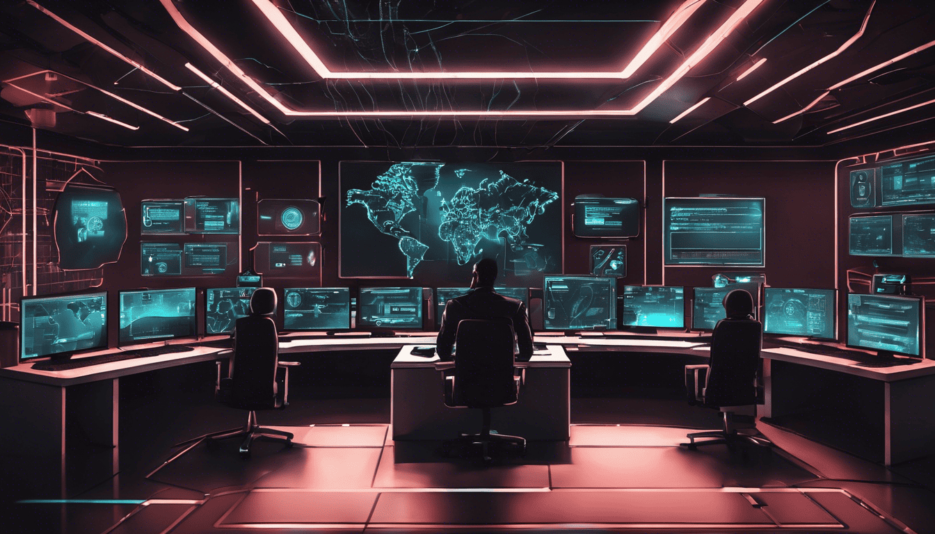 Modern cybersecurity command center with neo-noir ambiance