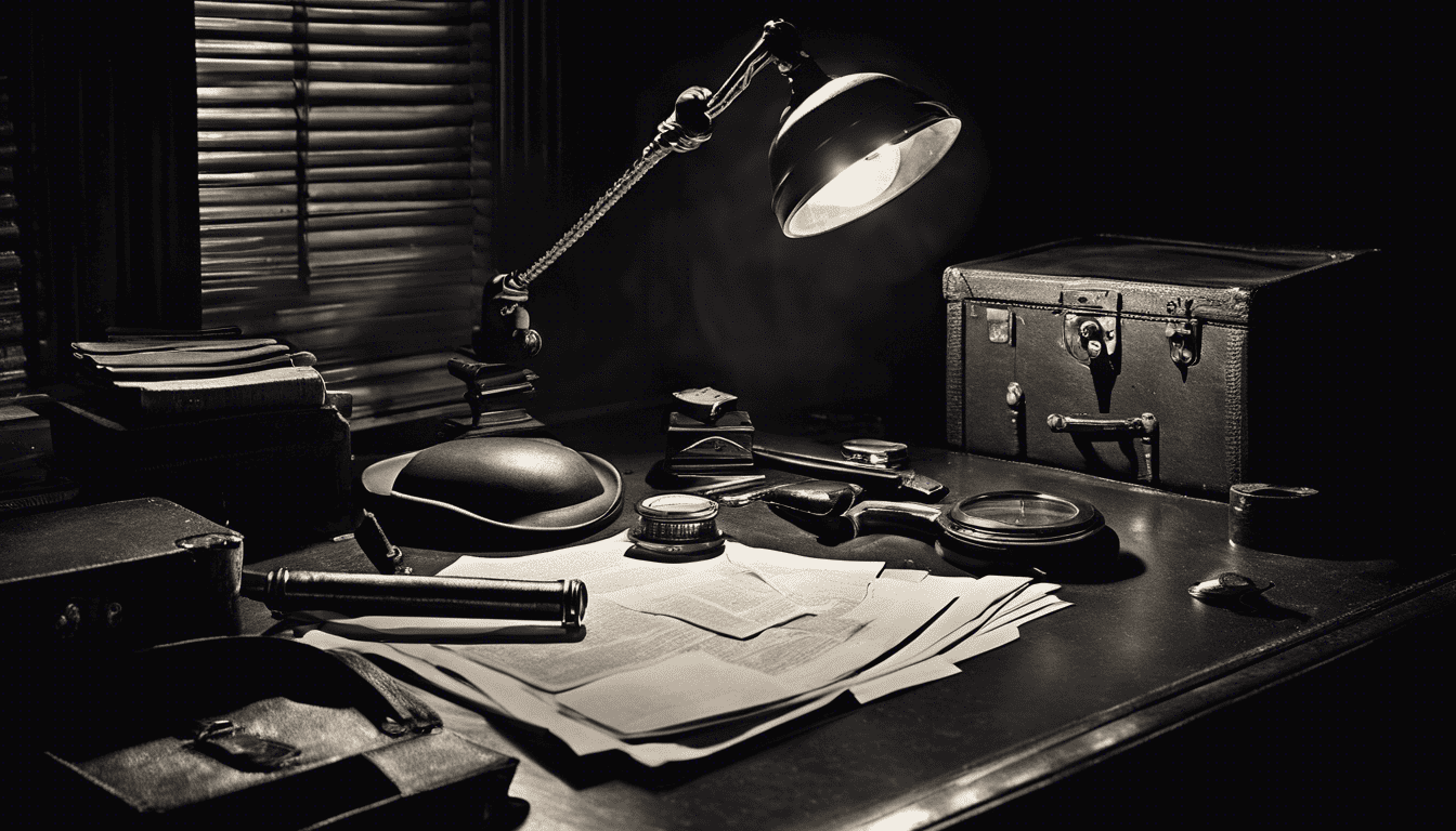 1940s detective office with harsh lighting and critical case evidence