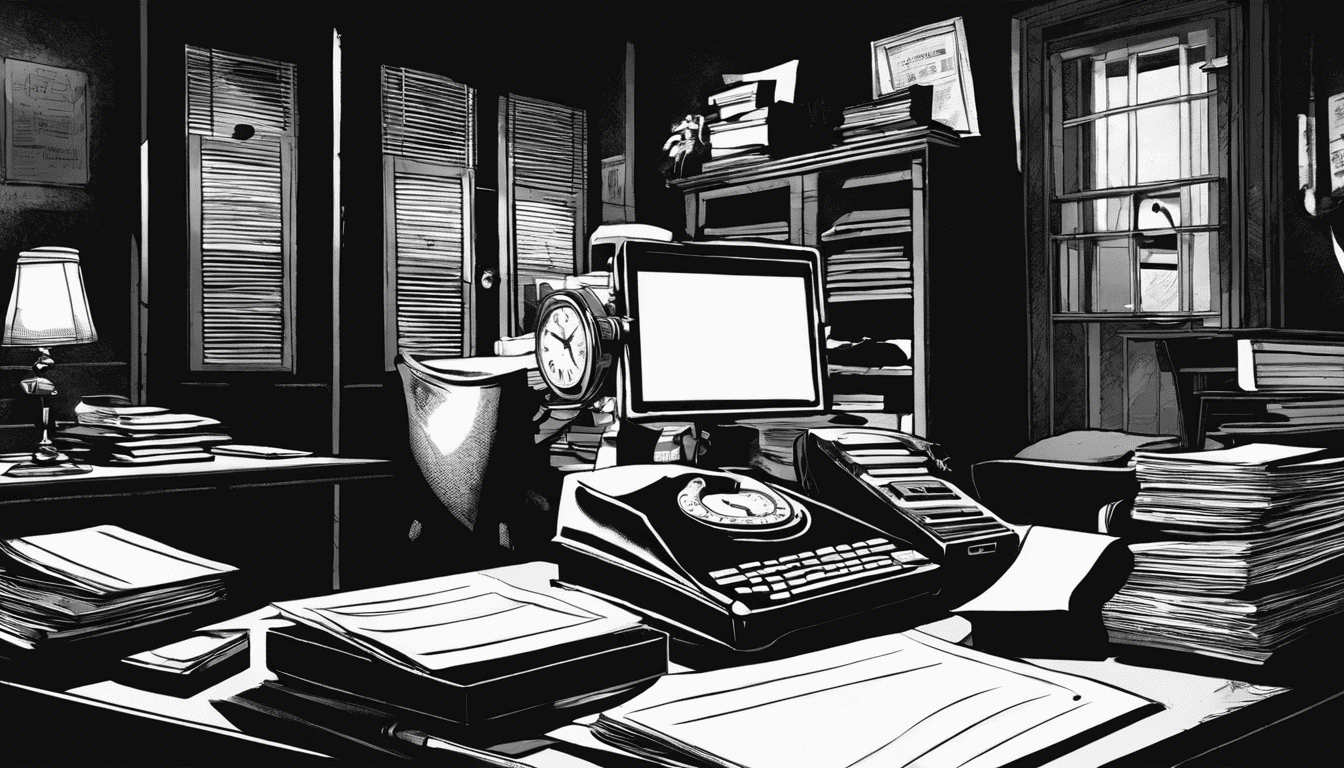 Noir style interrogation room with case files, tape recorder, and clock