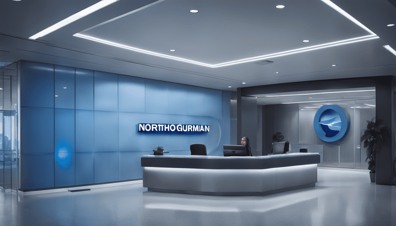 Ambitious candidates in Northrop Grumman office lobby with soft blue lighting