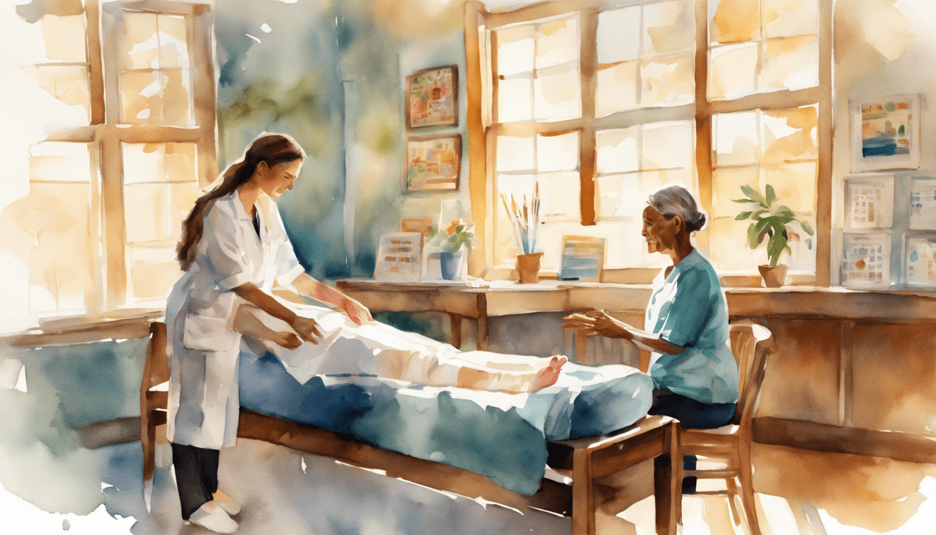 Occupational therapist aiding patient with dexterity exercises in a bright, watercolor-style clinic