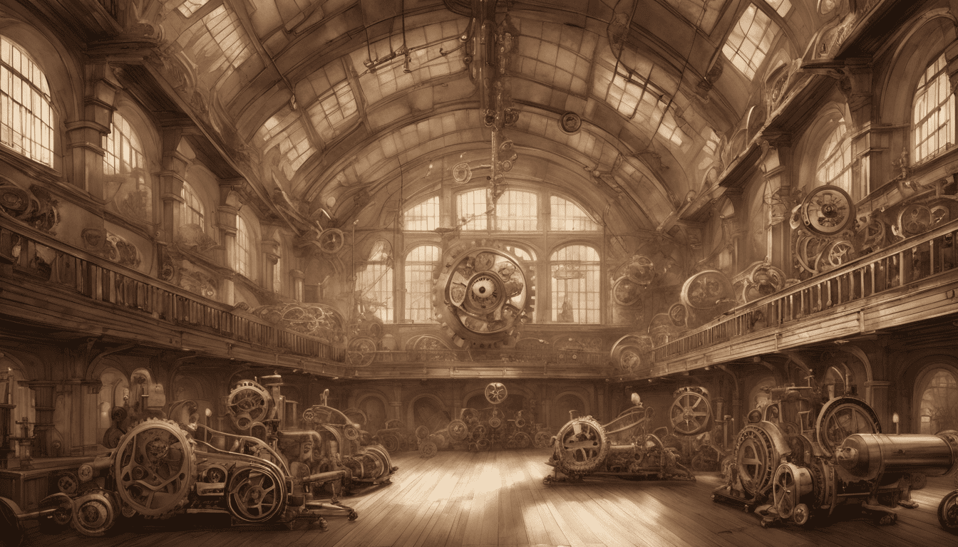 Victorian steampunk grand factory hall with intricate gears and natural lighting