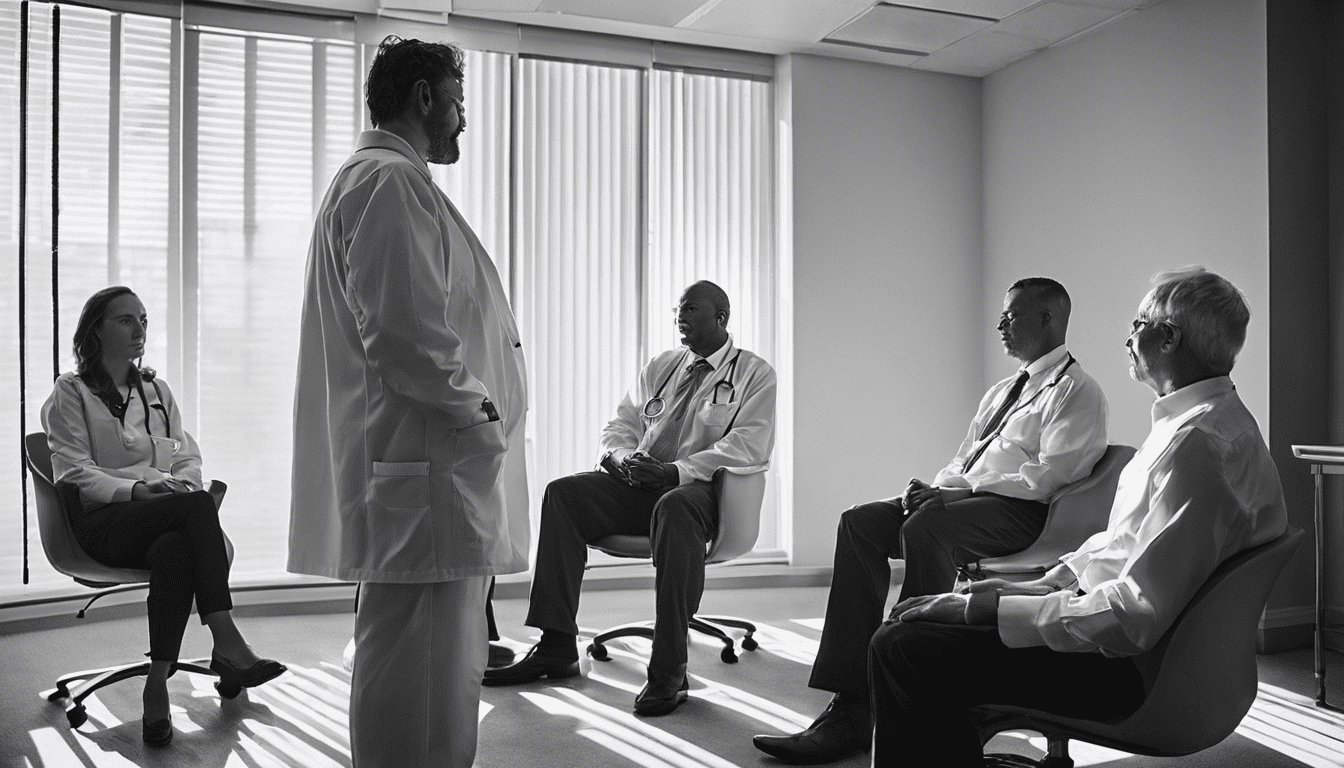 Black and white image of a PA school interview process with applicants and interviewers