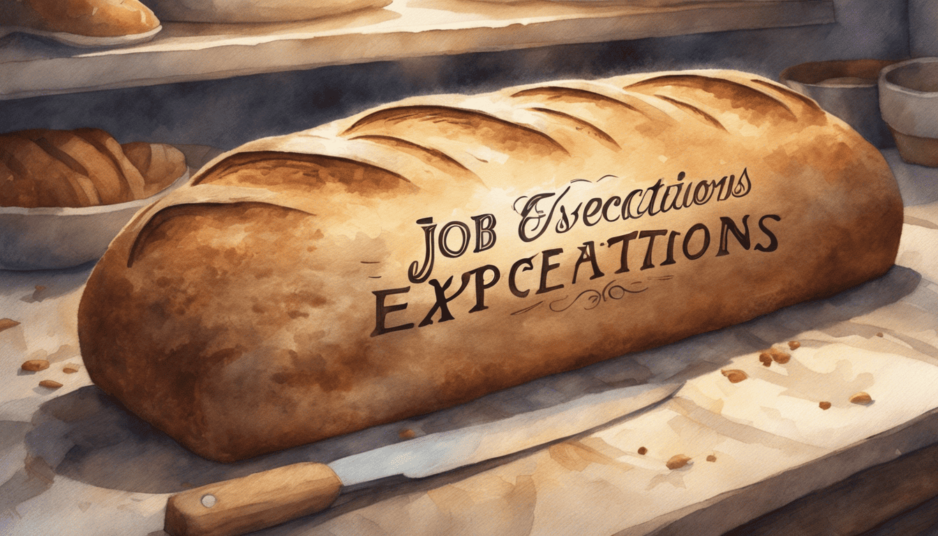 Engraved artisanal bread with job expectations, watercolor bakery interior