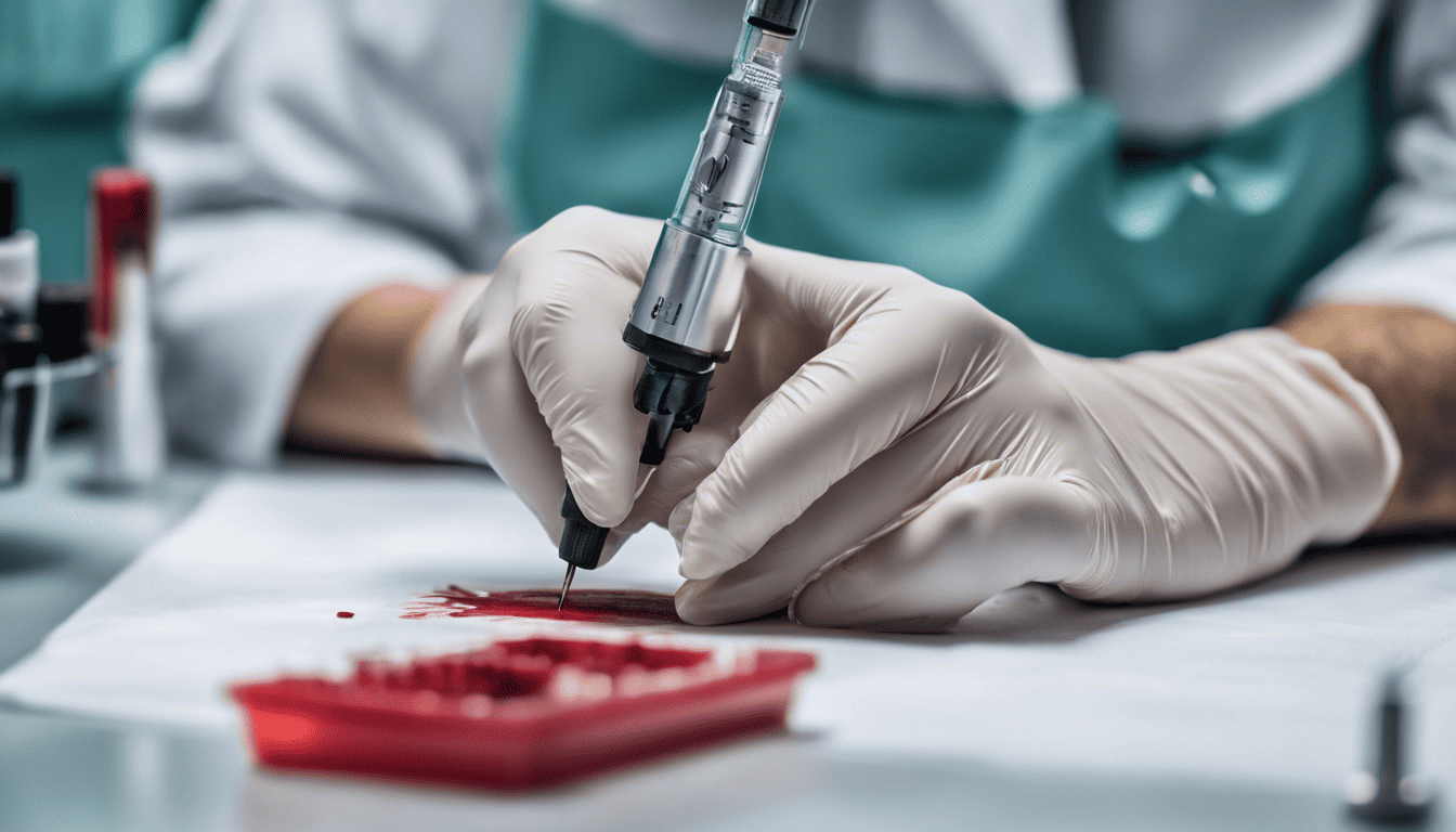 Phlebotomist drawing blood with precision in a professional clinic setting