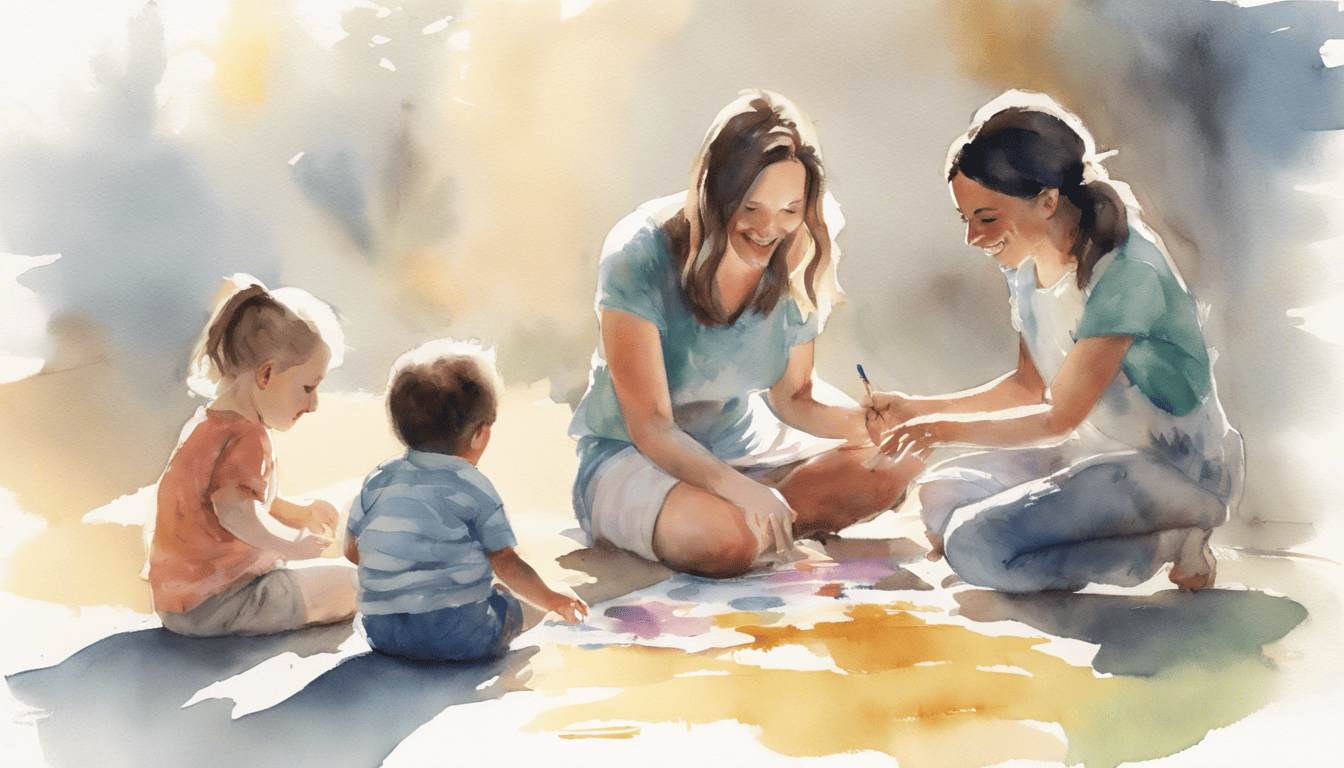 Preschool teacher assistant playing with children in a warm, pastel-toned watercolor classroom
