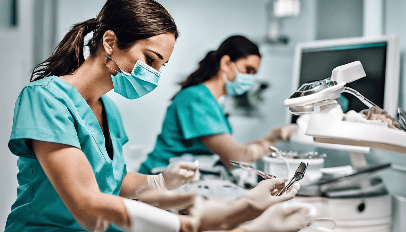 Dental assistant in clinic with patients and dental instruments