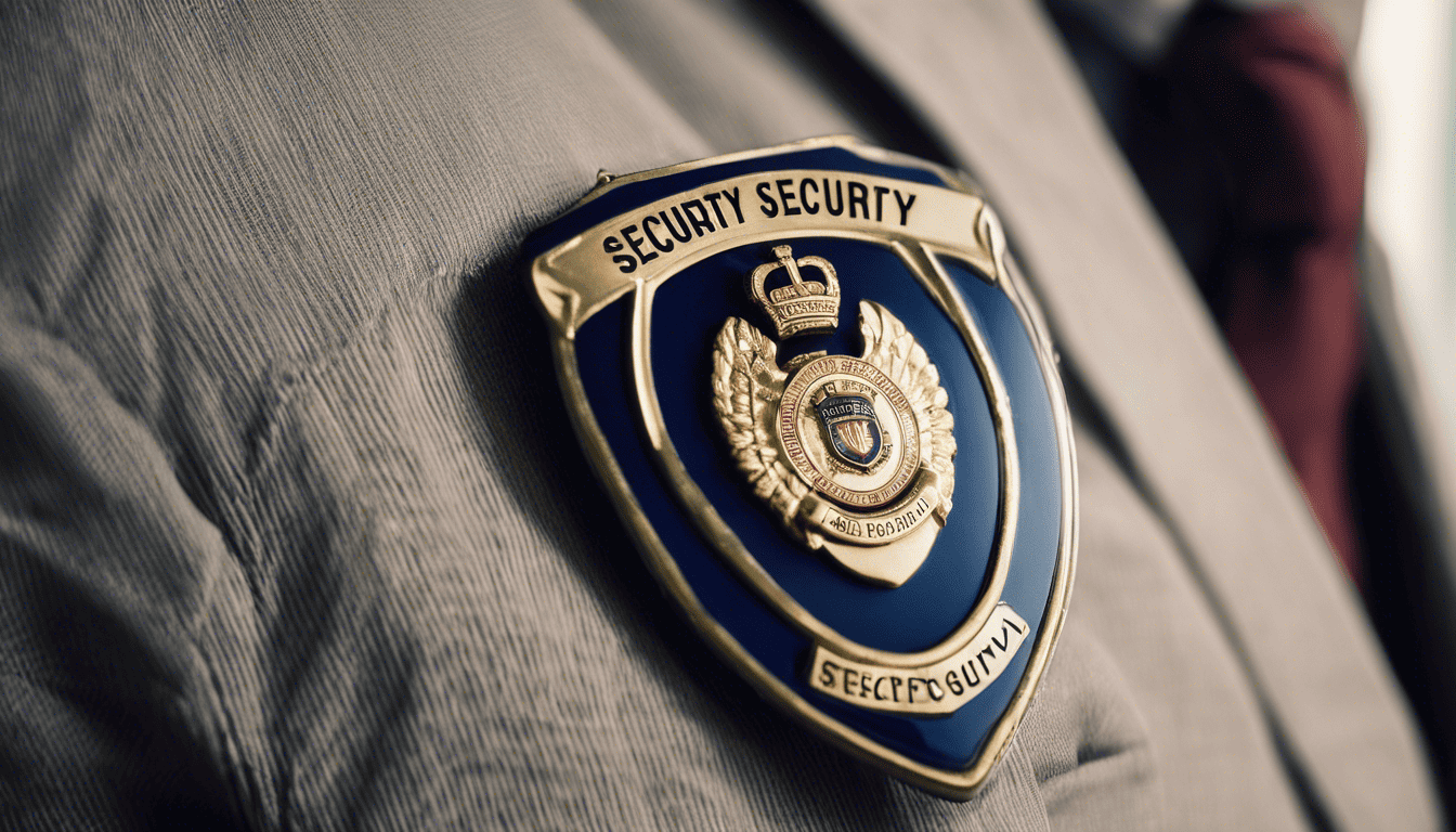 Security guard's badge with text on it, in a corporate lobby setting