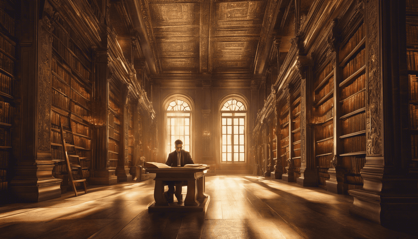 A Data Engineering Manager in a Renaissance library with warm, golden lighting