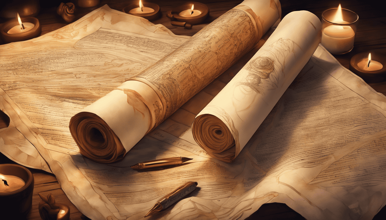 Ancient parchment with influencer marketing insights in a candlelit Renaissance library setting
