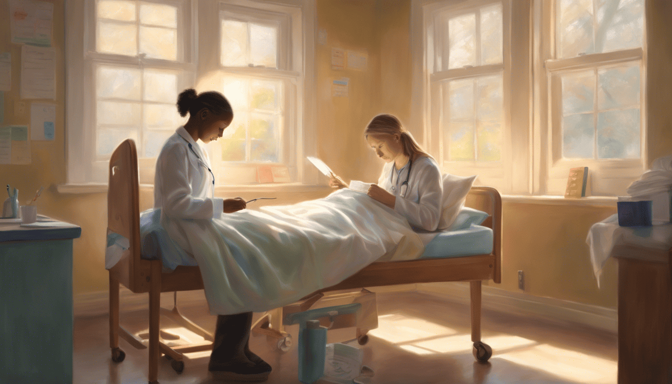 School nurse caring for child in pastel-toned infirmary