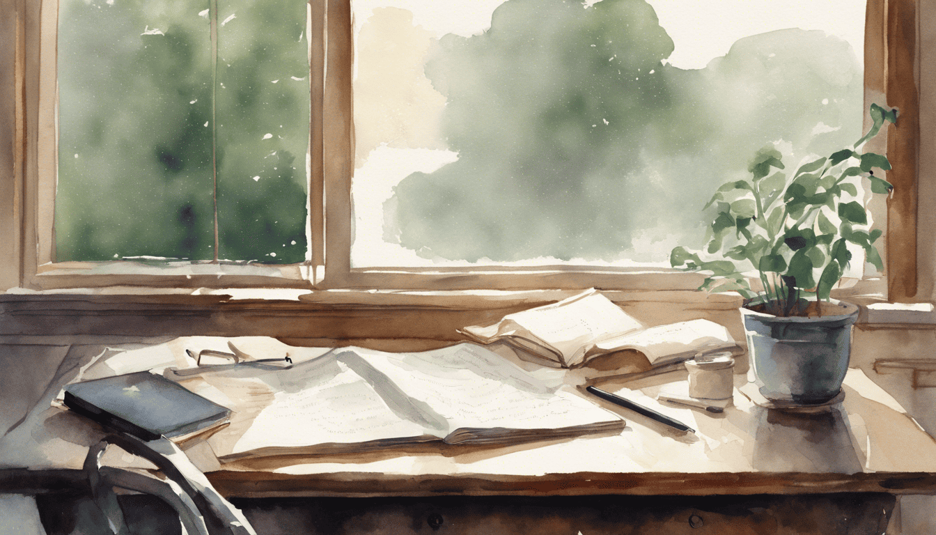 Serene study scene with open .NET interview guide by a rainy window, watercolor style