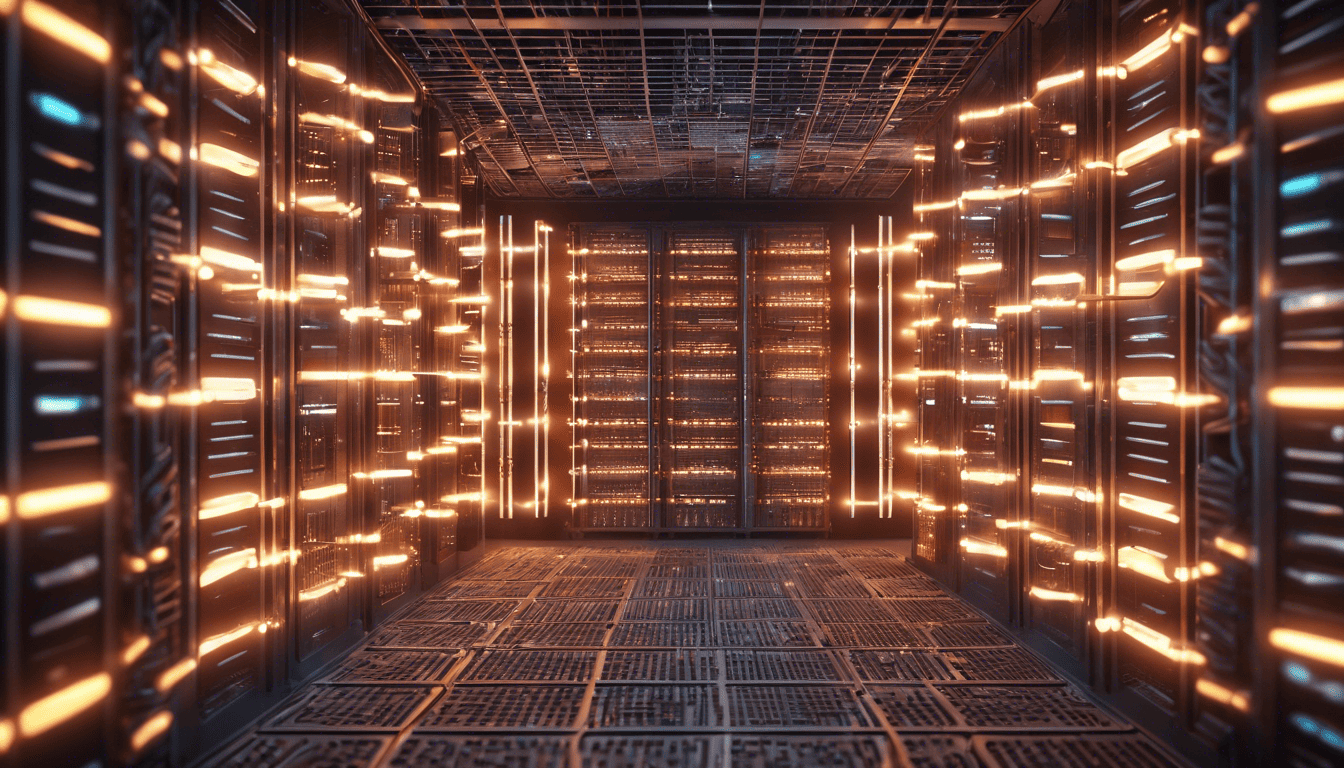 3D model server racks with glowing terminals in a labyrinth, representing database developer interviews