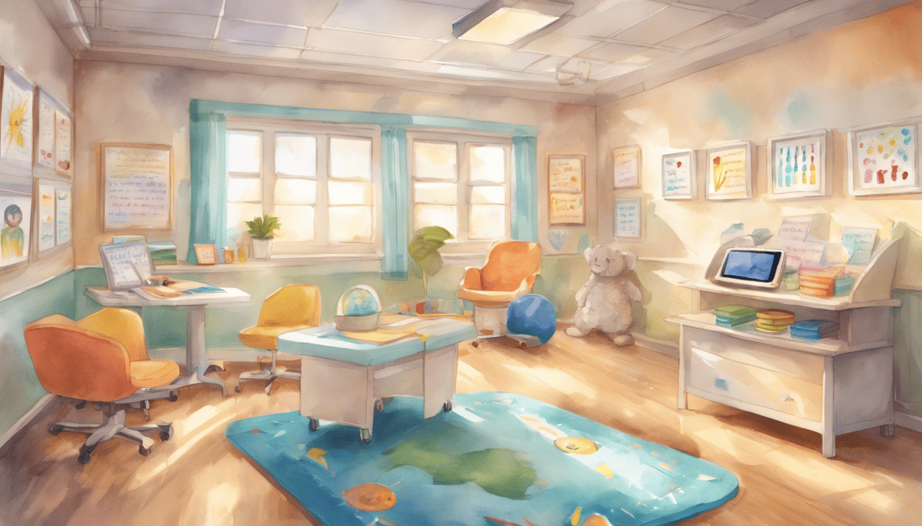 Speech-Language Pathologist engaging child with therapy tools in sunlit room, watercolor style