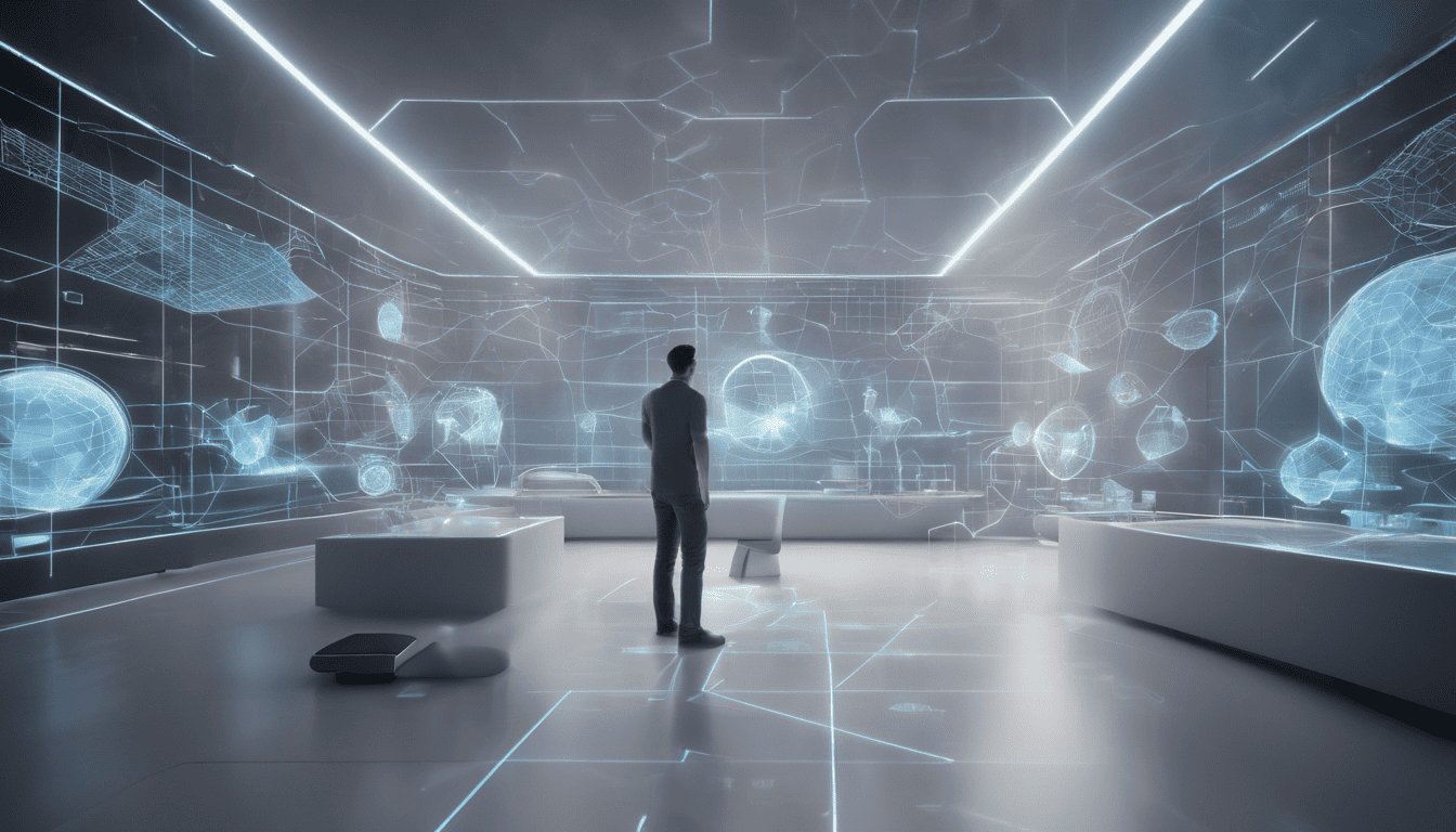 A Solution Architect working with futuristic holographic interfaces in a virtual lab
