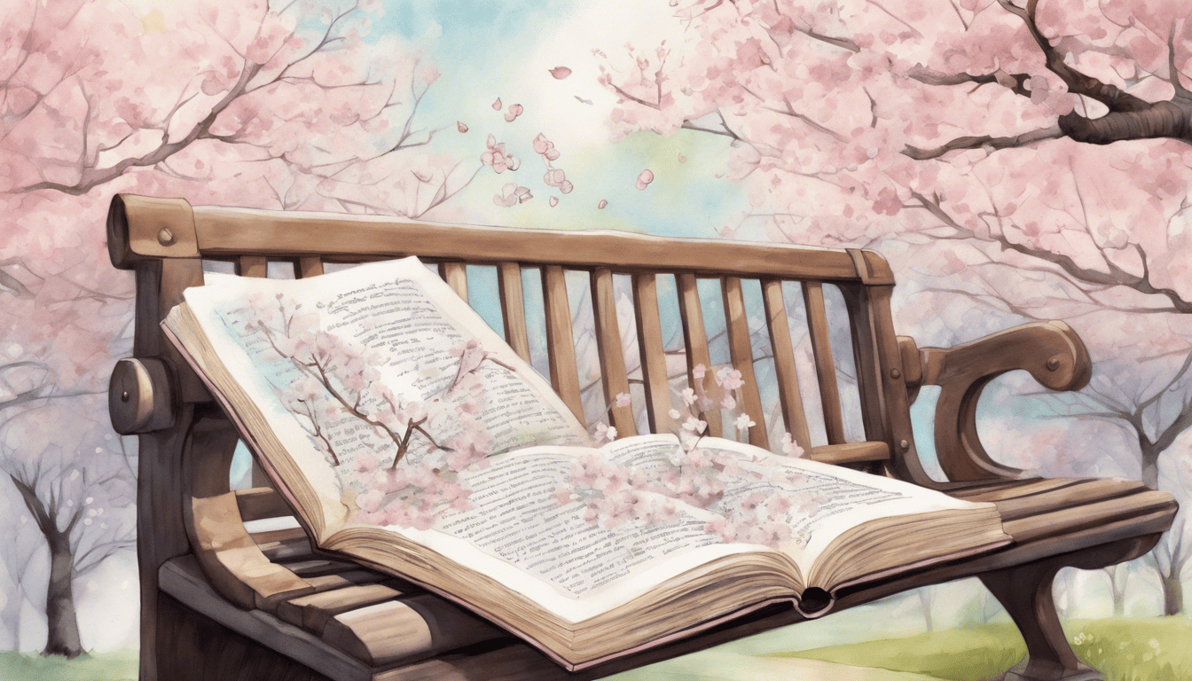 Open book on bench with Spring Cloud diagrams and cherry blossoms in watercolor style.