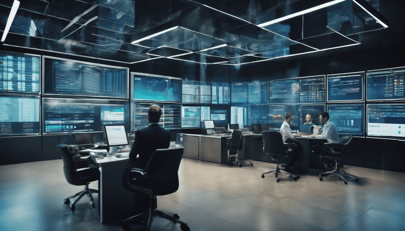 Bank manager surrounded by real-time financial data screens in a cinematic style