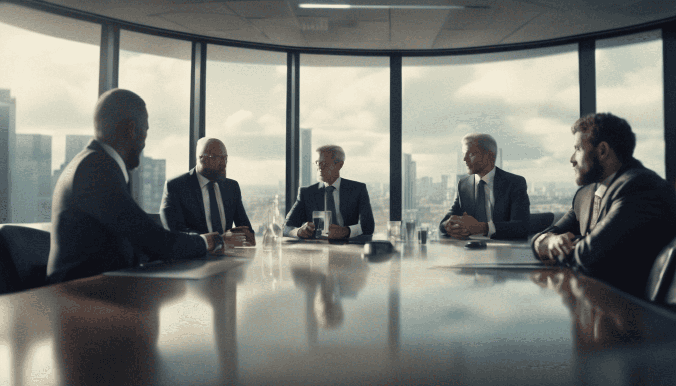 Cinematic-style image of a team discussing employee benefits in a modern conference room.