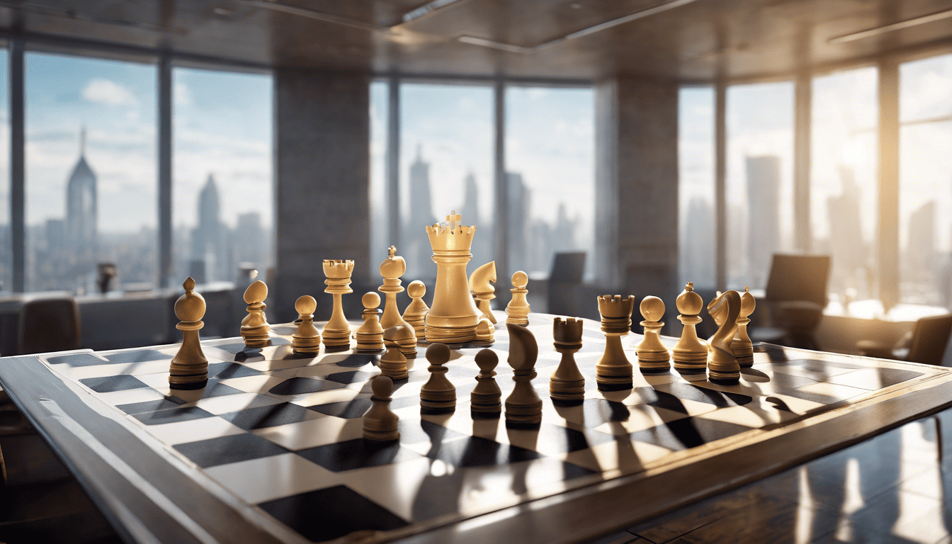 3D chessboard with corporate figures representing business strategy in a sunlit office