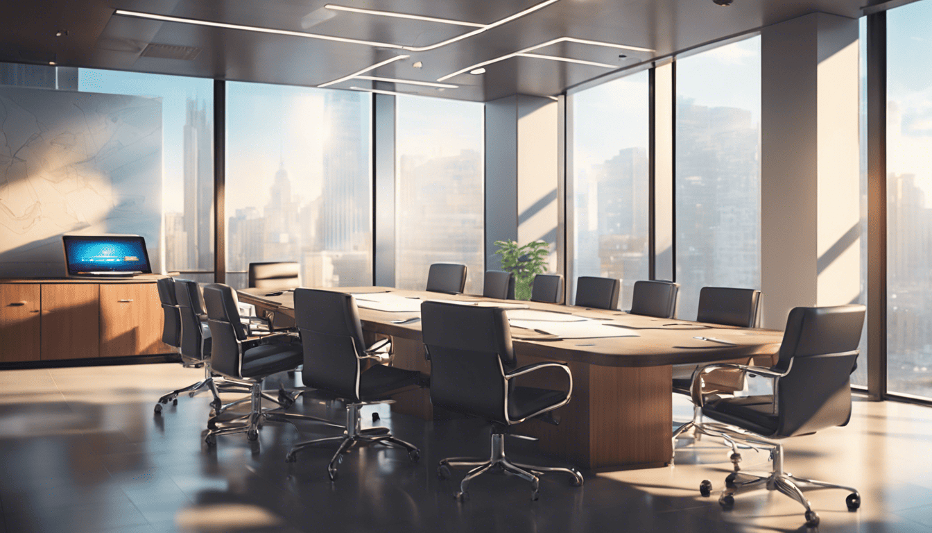 3D modeled strategic boardroom with professionals and interactive analytics displays