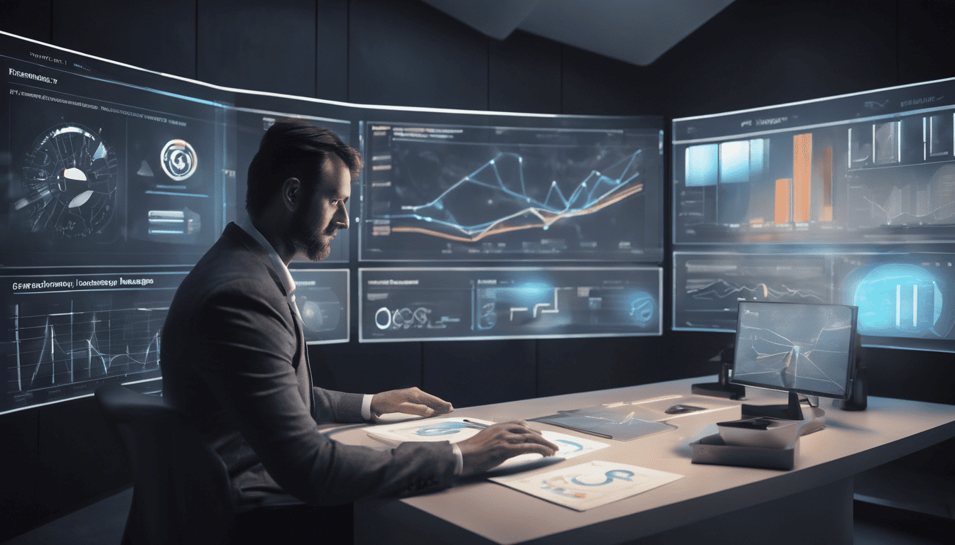 Consulting manager in a futuristic office using a dashboard