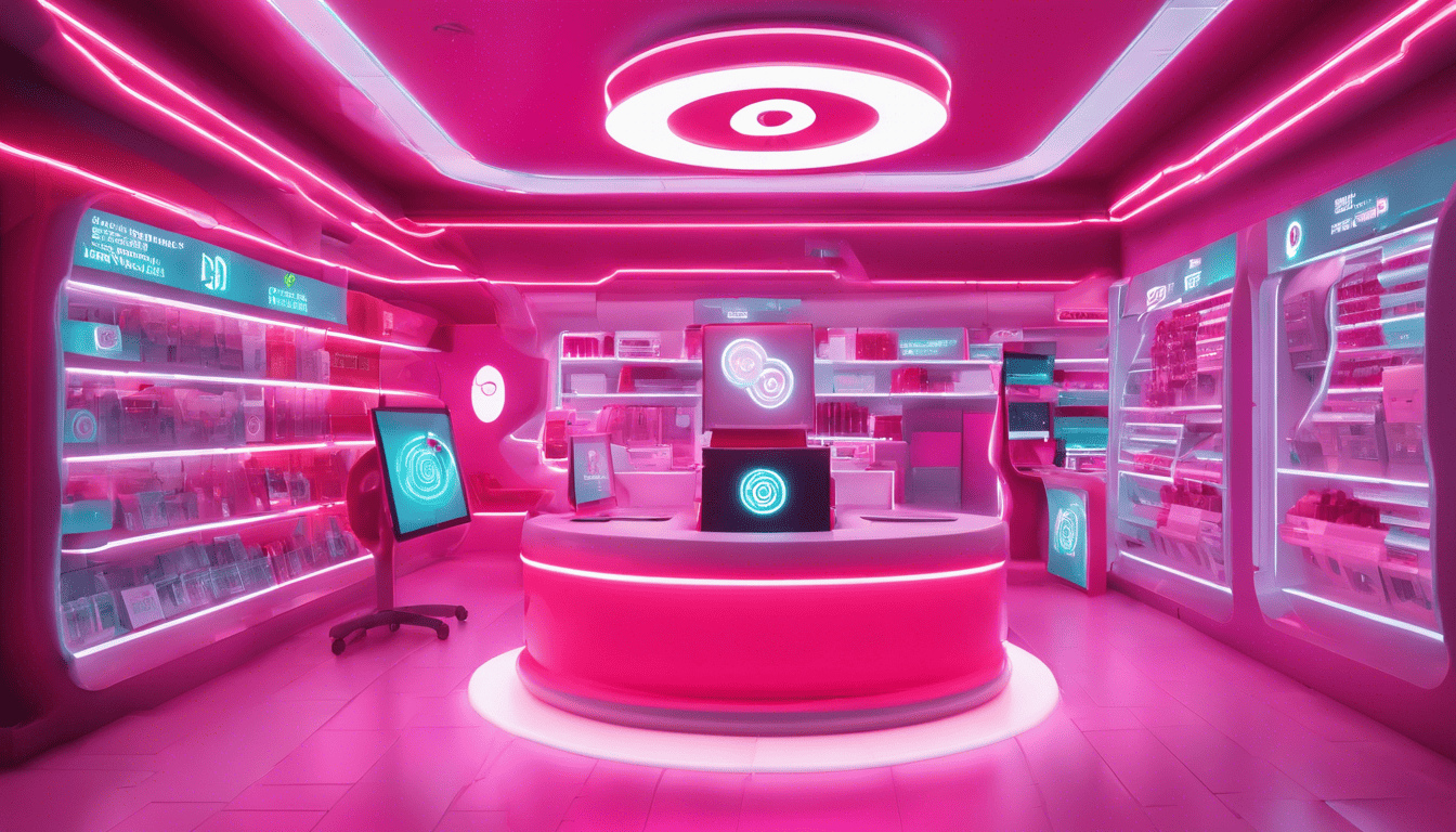 3D modeled high-tech virtual hiring dashboard with Target branding and dynamic neon lighting