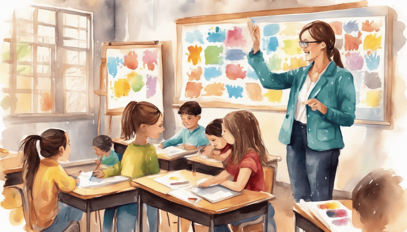 Teacher assistant aiding students in a colorful classroom