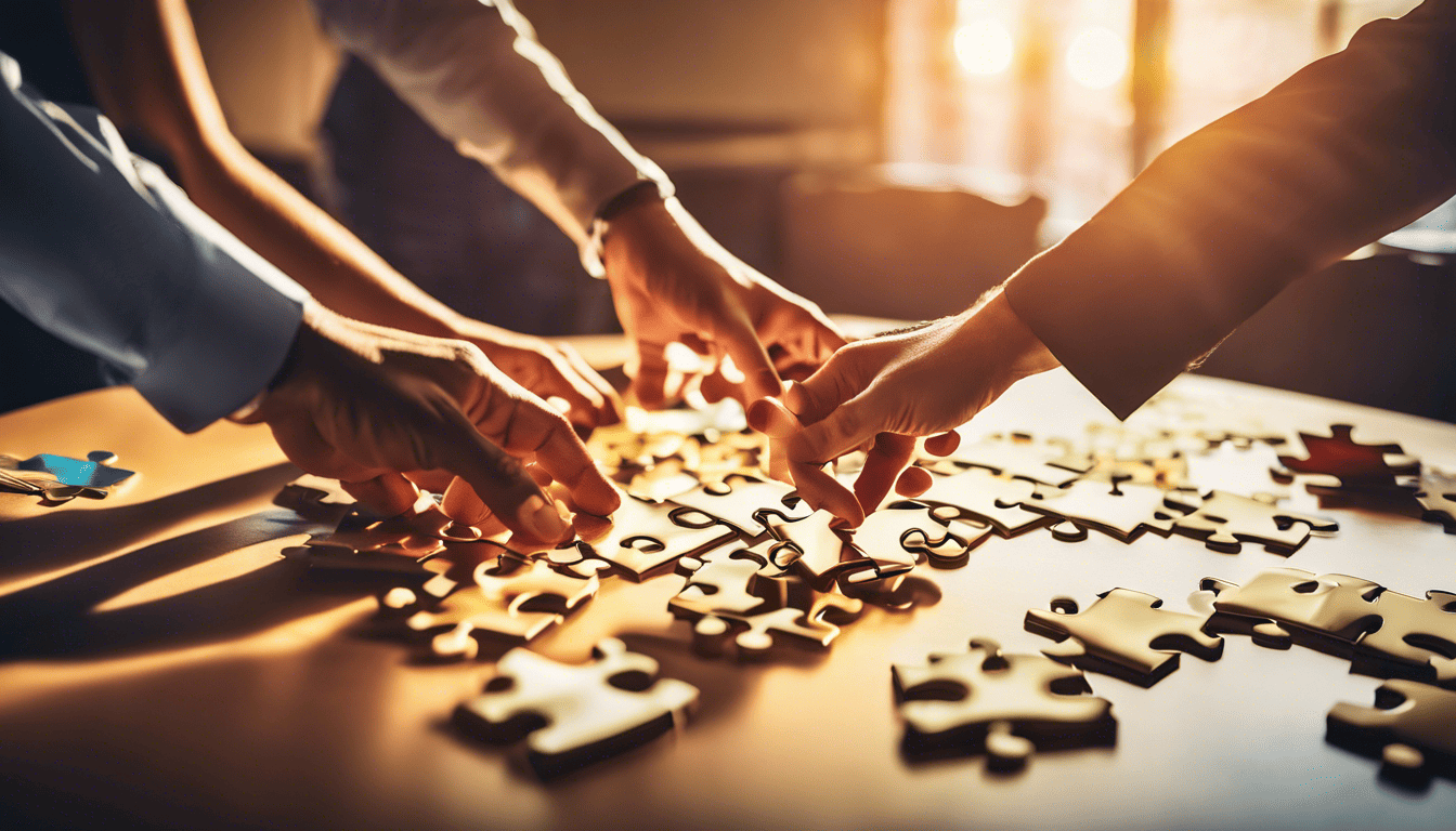 Hands assembling a puzzle representing Discover's values and teamwork in golden hour light