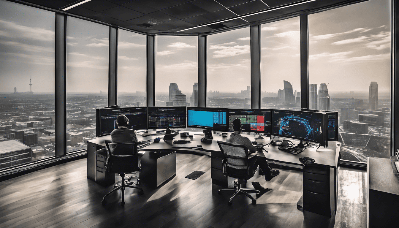 Technical Account Manager's workstation with cityscape