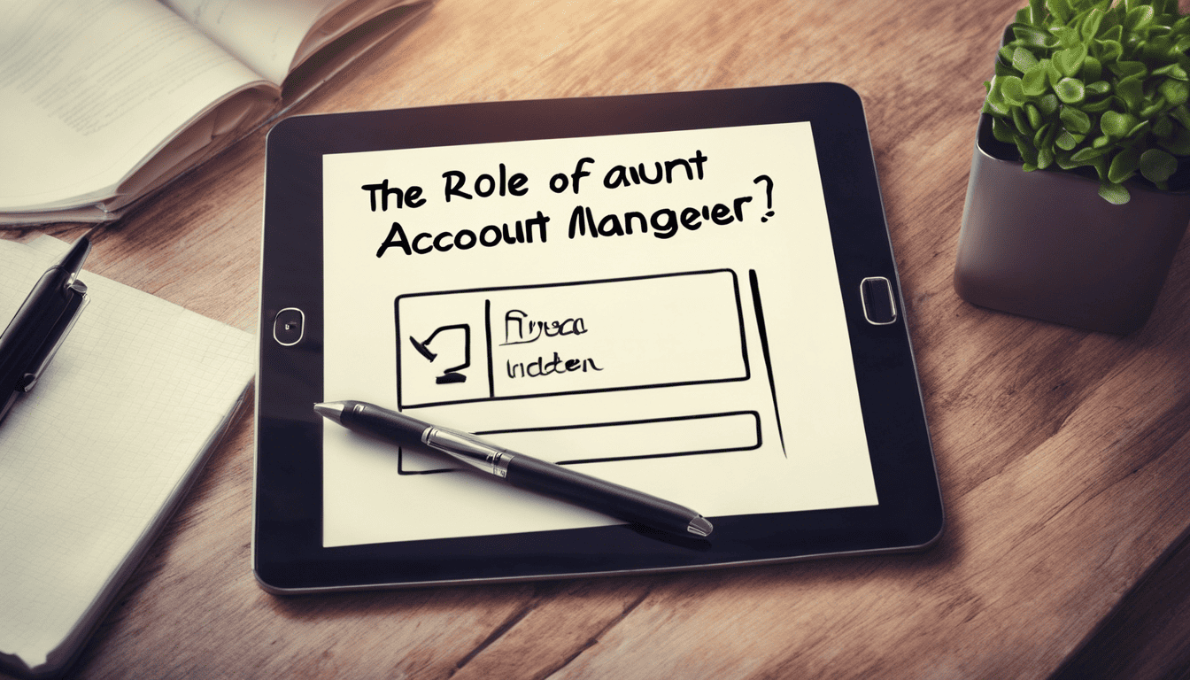 Text 'The Role of an Account Manager' on a business tablet with accessories