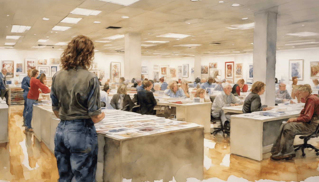 Watercolor illustration of a job interview at TJ Maxx with a detailed store background