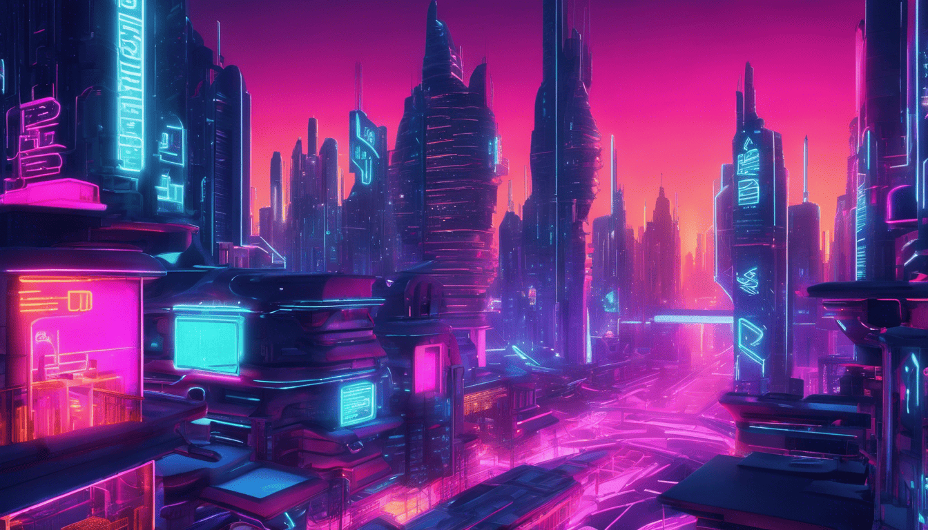 Futuristic cityscape with neon TypeScript signs and bustling tech hub atmosphere
