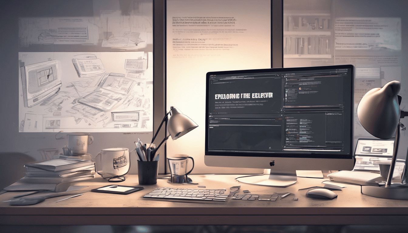 Cinematic image of a UI developer's workstation with text and designs